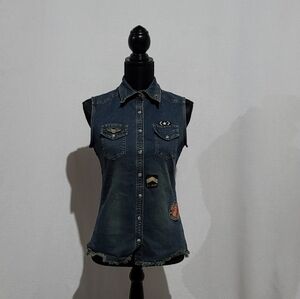 Y London jean vest with patches blue denim sleeveless jacket distressed grunge